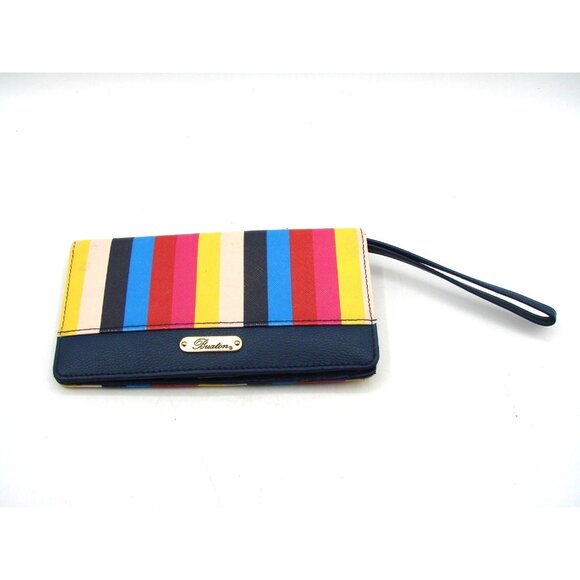 Buxton Wallet Rainbow Striped ID Cards Womens Faux Leather Retractable Wristlet - Picture 1 of 13